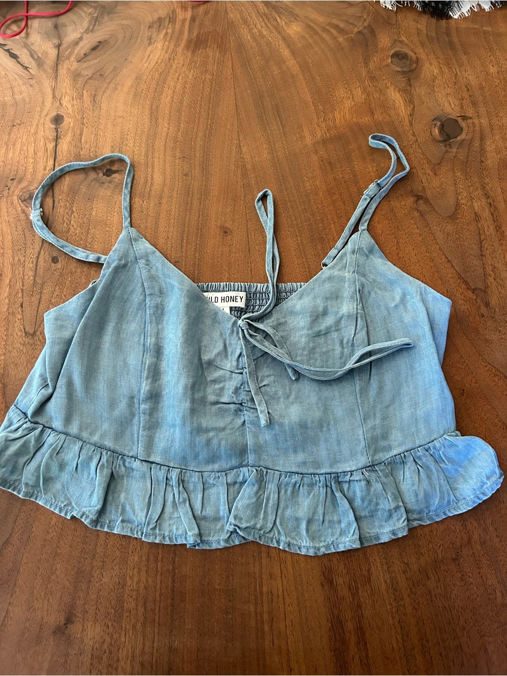 Wild Honey Light Blue Tie-Front Ruffle-Hem Cami
